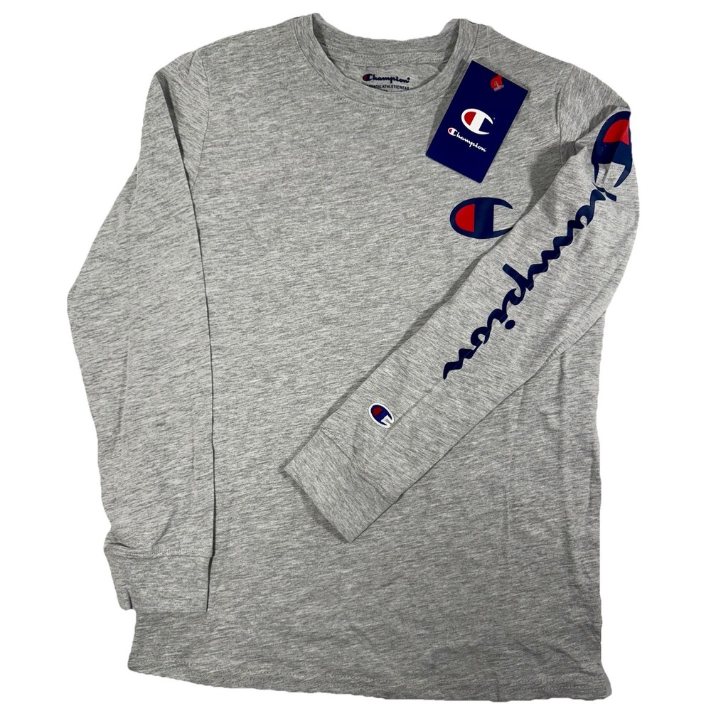 Champion Boys M Long Sleeve Oxford Heather Logo Shirt‎ NWT Medium Athletic Tee